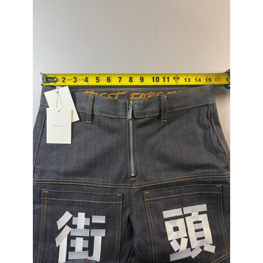 VINKID Kanji Graphic Jeans Mens Small Dark Indigo Wide Leg Streetwear Denim